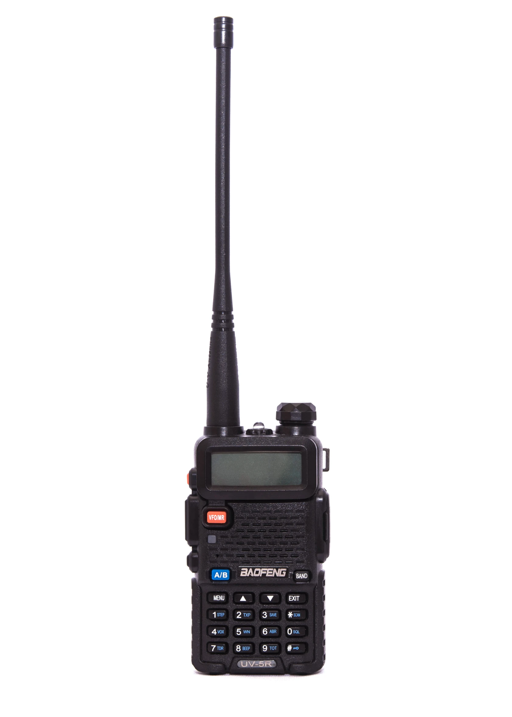 A black handheld two-way radio (walkie-talkie) is shown front-facing against a plain white background. It has a long antenna extending upward, a small display screen, a control knob on top and a keypad with multiple buttons on the front. The device is centred in the image and photographed in a clean product-style format.